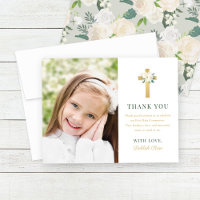 Green Gold Floral Cross First Communion Photo