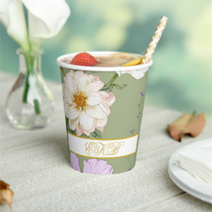  Green Gold Floral Elegant Modern Monogram Paper Cups