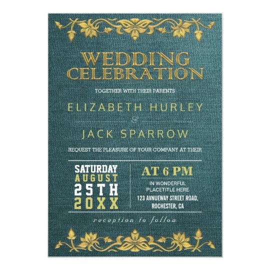 Green & Gold Floral Embroidery Wedding Invitations