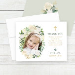 Green Gold Floral First Holy Communion Girl Photo  Thank You Card<br><div class="desc">This elegant First Holy Communion thank you card designed for a girl features photo of your daughter on communion day framed by a beautiful garden floral wreath of neutral white, blush pink, and cream coloured rose flowers with green and gold greenery. Includes a gold cross and custom thank you message...</div>