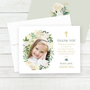 Green Gold Floral First Holy Communion Girl Photo  Thank You Card