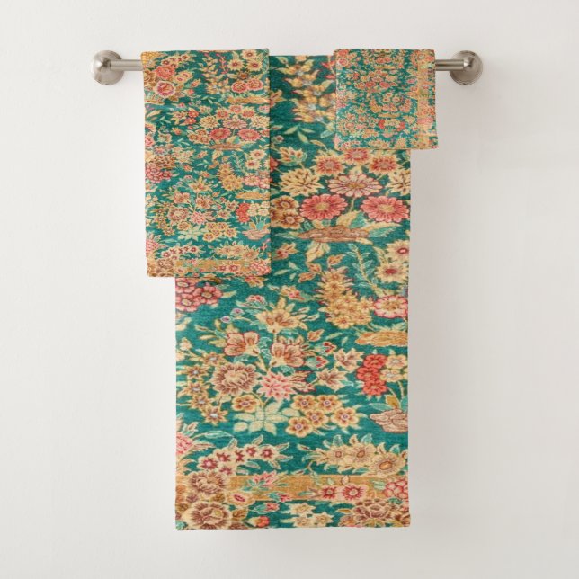 Green gold floral flower persian turkish pattern  bath towel set (Insitu)