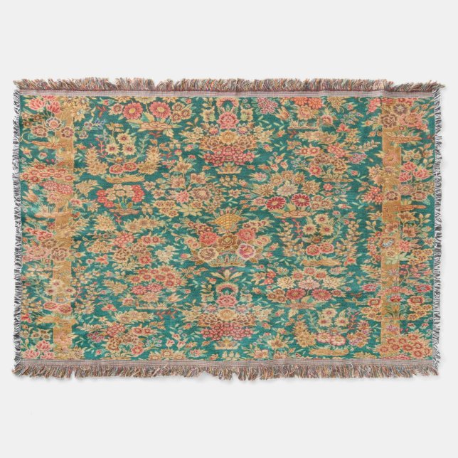 Green gold floral flower persian turkish pattern  throw blanket (Front)
