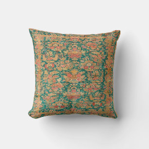 Green Gold Floral Flower Persian Turkish Rug Print Throw Pillow