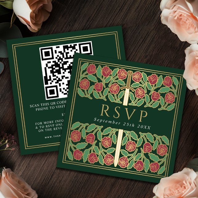 Green Gold Floral Royal Wedding RSVP QR Code  Enclosure Card (Creator Uploaded)