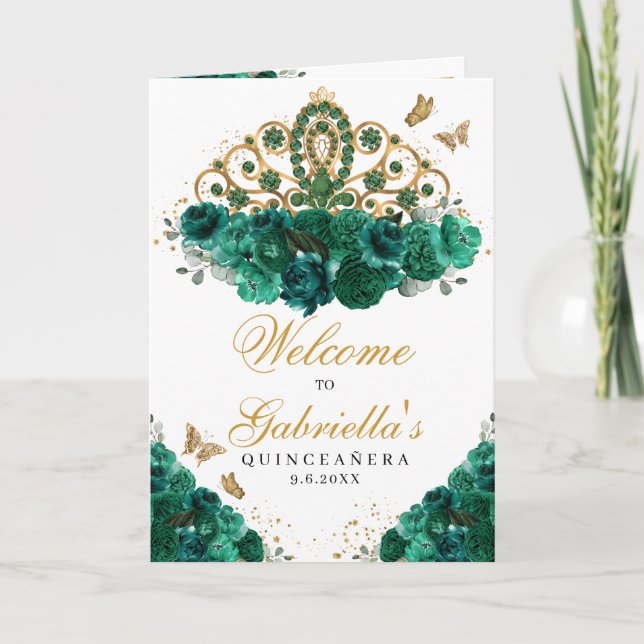 Green & Gold Floral Tiara Quinceanera Program (Front)