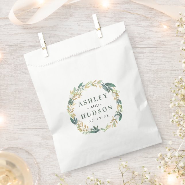 Green Gold Floral Wreath Greenery Wedding Monogram Favour Bag (Clipped)