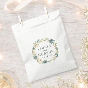 Green Gold Floral Wreath Monogram Wedding Favour Bag