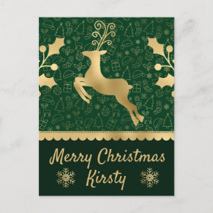 Green & Gold Foil Christmas Reindeer & Holly Holiday Postcard