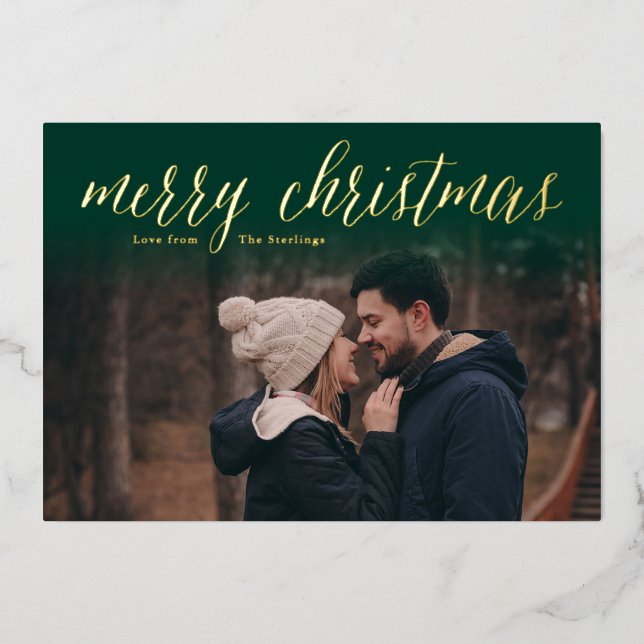 Green + Gold Foil Merry Christmas Photo Cards (Front)