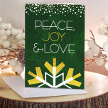 Green Gold Foil Snowflake Peace Joy Love Modern Holiday Card<br><div class="desc">“Peace, joy & love.” A giant, fun, playful, gold foil and white snowflake illustration and modern typography on a rich, deep dark green marble watercolor background help you usher in the holiday season. A white and gold confetti dot border frames the top. Your personalized greeting is found on the inside....</div>