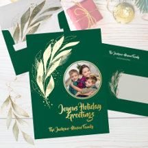 Green Gold Foil Watercolor Leaf Photo Christmas
