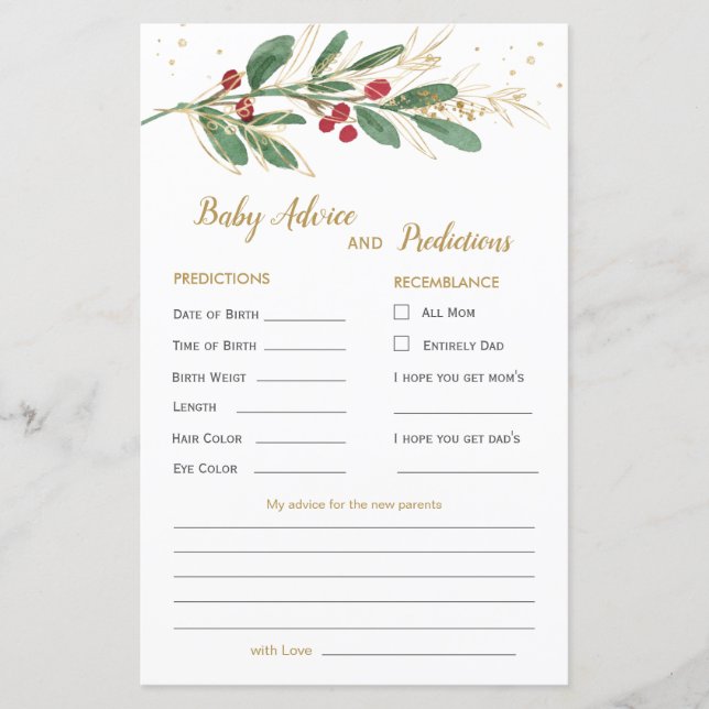 Green & Gold Foliage Baby Prediction & Advice card (Front)