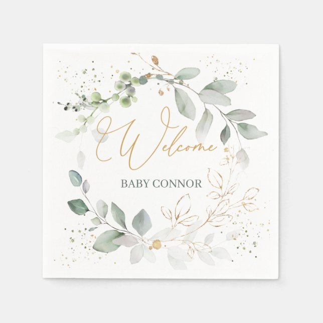 Green Gold Foliage Baby Shower Napkins (Front)