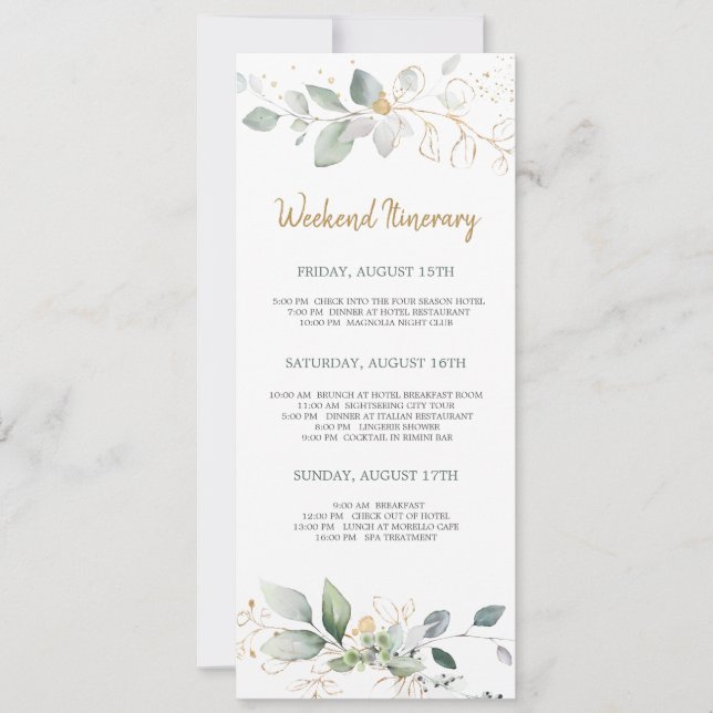 Green, gold foliage Bachelorette Weekend Itinerary Invitation (Front)