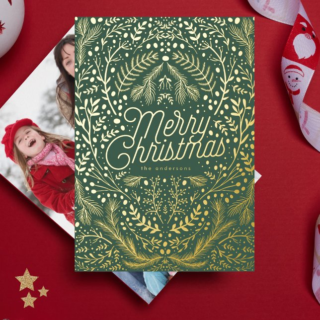 Green Gold Foliage & Berries Merry Christmas Foil Holiday Card (Creator Uploaded)