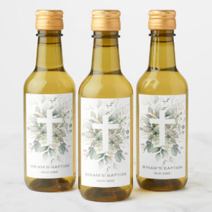 Green Gold Foliage Croix Baptême Étiquette de vin