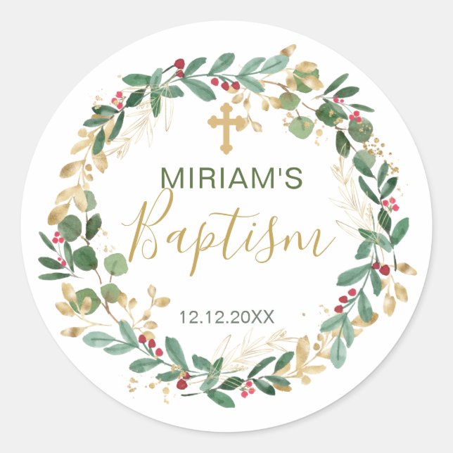 Green Gold Foliage Cross Baptism Classic Round Sticker (Front)
