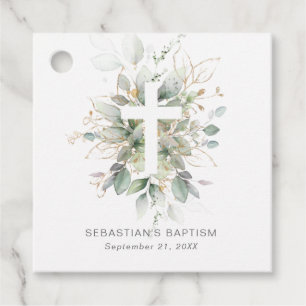 Green Gold Foliage Cross Baptism Photo Favour Tags