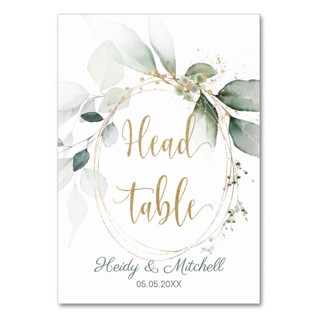 Green & gold foliage,  Head Table, Table Number (Front)
