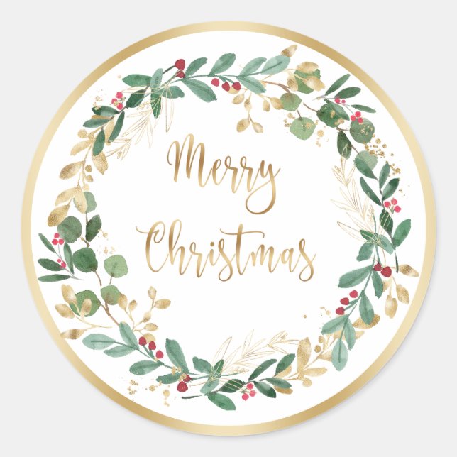 Green Gold Foliage Red Berry Christmas  Classic Round Sticker (Front)