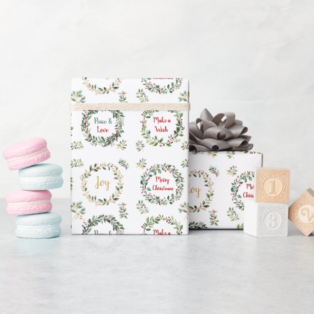 Green Gold Foliage Red Berry Christmas Monogram  Wrapping Paper (Baby Shower)