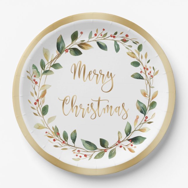 Green Gold Foliage Red Berry Christmas Paper Plate (Front)