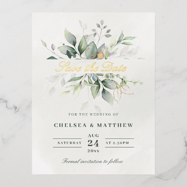Green & Gold Foliage Save the Date Real  Foil Invitation Postcard (Front)