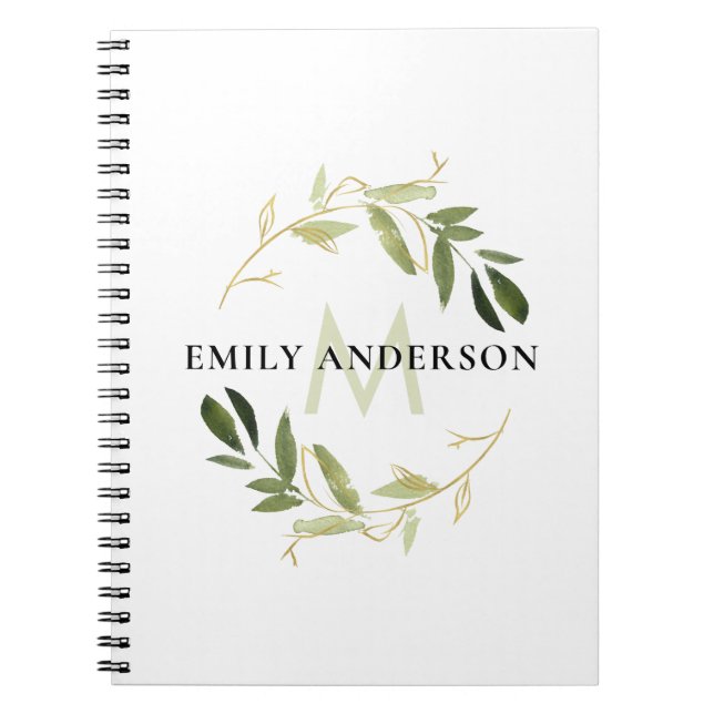 GREEN GOLD FOLIAGE WATERCOLOR WREATH MONOGRAM NOTEBOOK (Front)