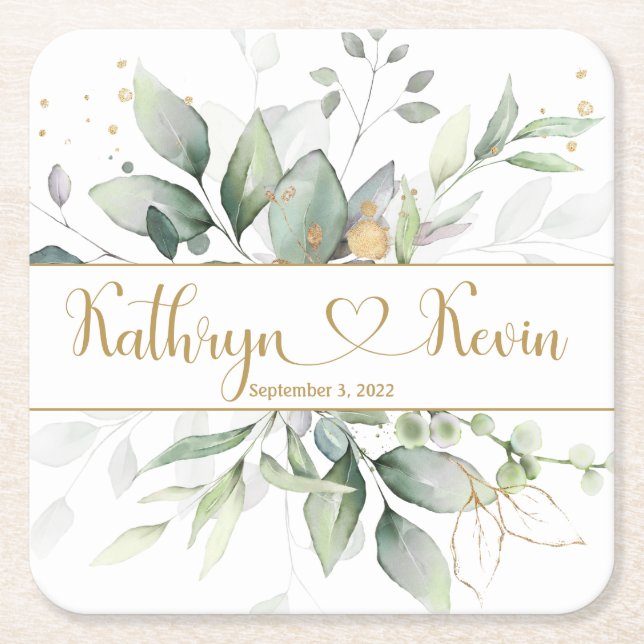 Green & Gold Foliage Wedding  Square Paper Coaster (Front)
