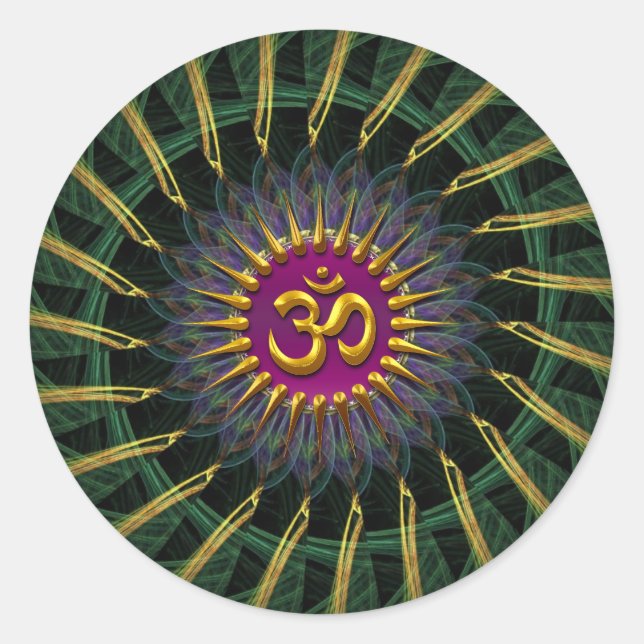 Green+Gold Fractal Swirl Golden (Aum) Symbol Stick Classic Round Sticker (Front)