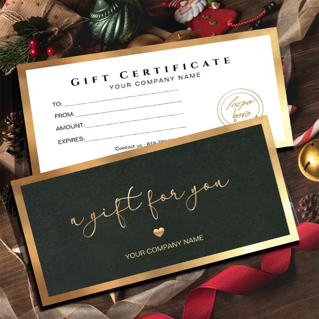 Green Gold Frame Add Logo Gift Certificate (Give the gift of choice in a chic green frame! Perfect for any celebration or occasion.)