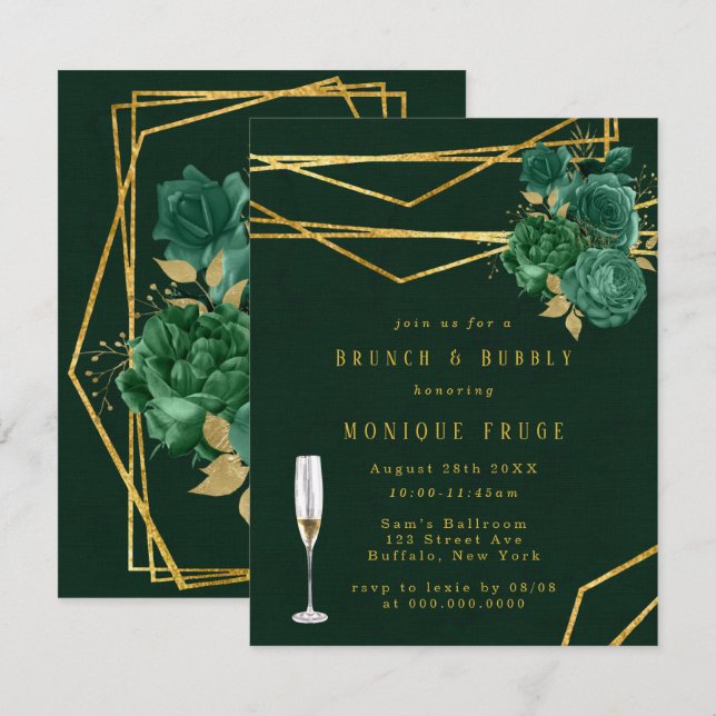 Green & Gold Geometric Floral Brunch & Bubbly Invitation (Front/Back)