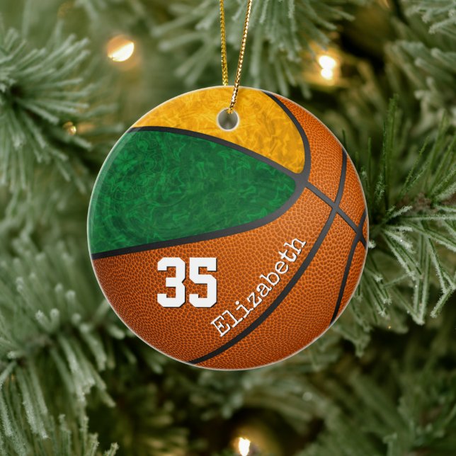 green gold girly basketball team spirit custom ceramic ornament (Tree)