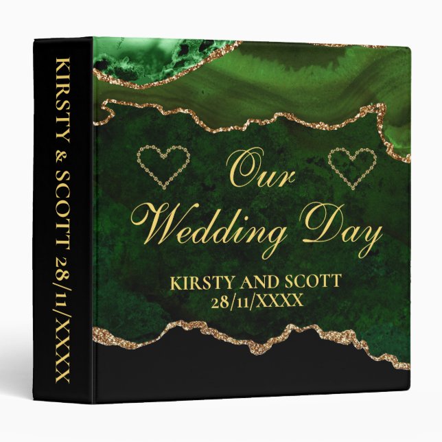 Green & Gold Glitter Agate Wedding Photo Album Binder (Front/Spine)