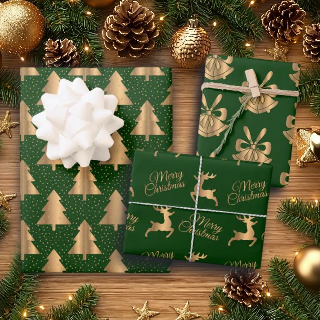 Green Gold Glitter Christmas Bells and Reindeers Wrapping Paper Sheet (Creator Uploaded)