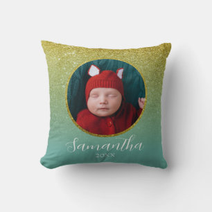 Green Gold Glitter Christmas Personalized Photo Throw Pillow