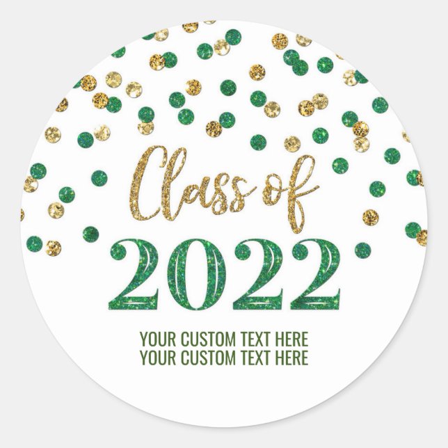 Green Gold Glitter Confetti Graduation 2022 Classic Round Sticker (Front)
