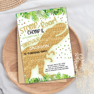 Green Gold Glitter Dinosaur Birthday Invitations
