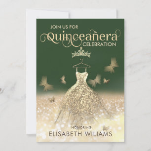 Green Gold glitter dress butterfly Quinceañera Invitation