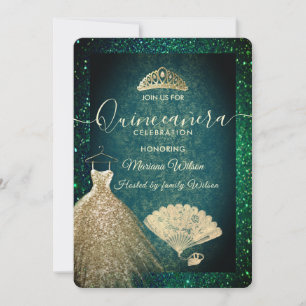 Green Gold glitter dress tiara fan Quinceañera  Invitation