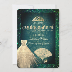Green Gold glitter dress tiara fan Quinceañera Invitation