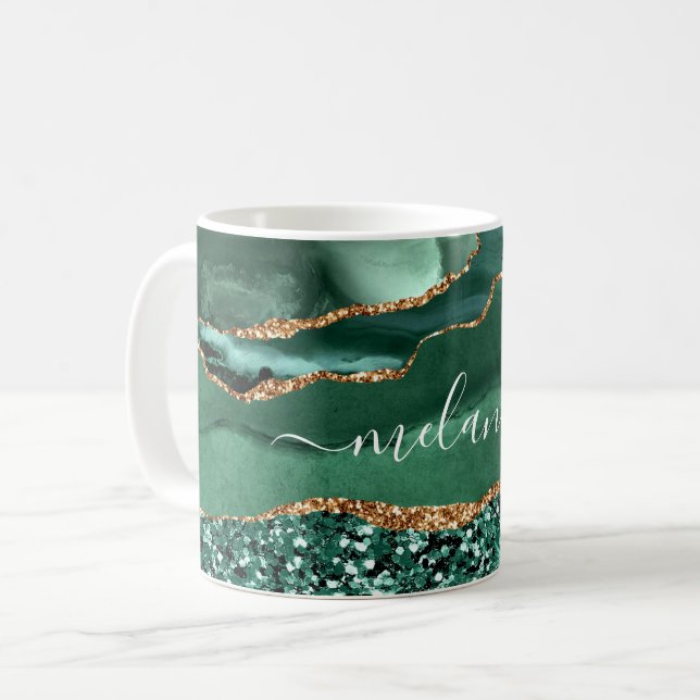 Green Gold Glitter Emerald Custom Name Coffee Mug (Front Left)