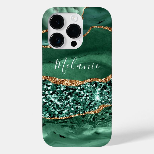 Green Gold Glitter Emerald Custom Name iPhone Case (Back)