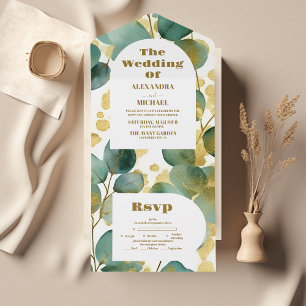 Green Gold Glitter Eucalyptus Wedding All In One Invitation