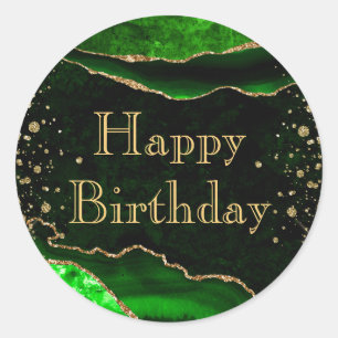Green & Gold Glitter Marble Agate Birthday Classic Round Sticker