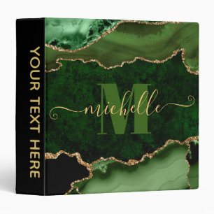 Green & Gold Glitter Marble Agate Monogram Binder