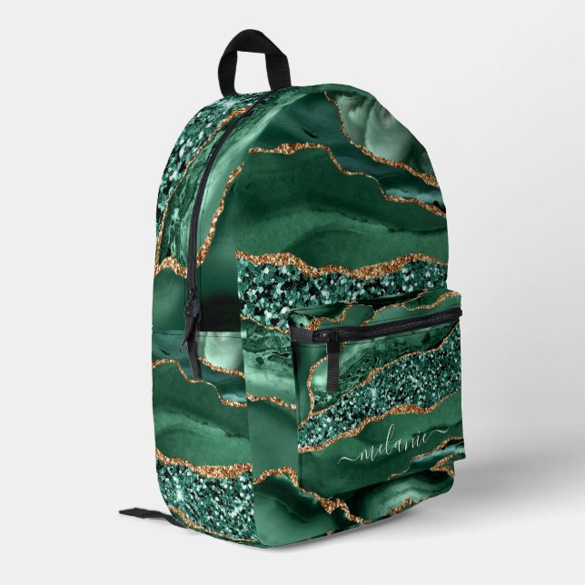 Green Gold Glitter Marble Custom Name Backpack (Back Corner Left)