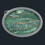 Green Gold Glitter Marble Custom Name Belt Buckle<br><div class="desc">Belt Buckles with Agate Green Gold Glitter Geode Marble Custom Name Emerald Sparkle Personalized Birthday - Anniversary or Wedding Gift / Suppliest - Add Your Name - Text or Remove - Make Your Special Belt Buckle Gift - Resize and move or remove and add text / elements with customization tool....</div>