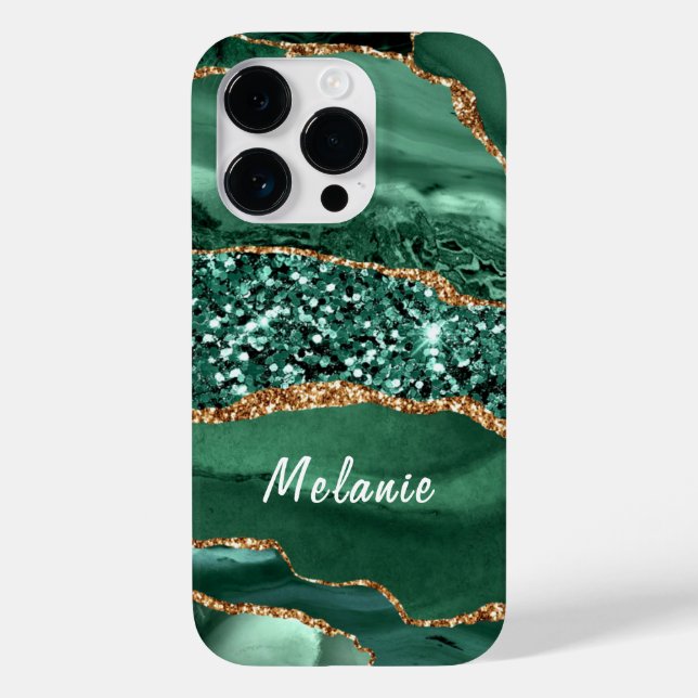 Green Gold Glitter Marble Custom Name iPhone Case (Back)